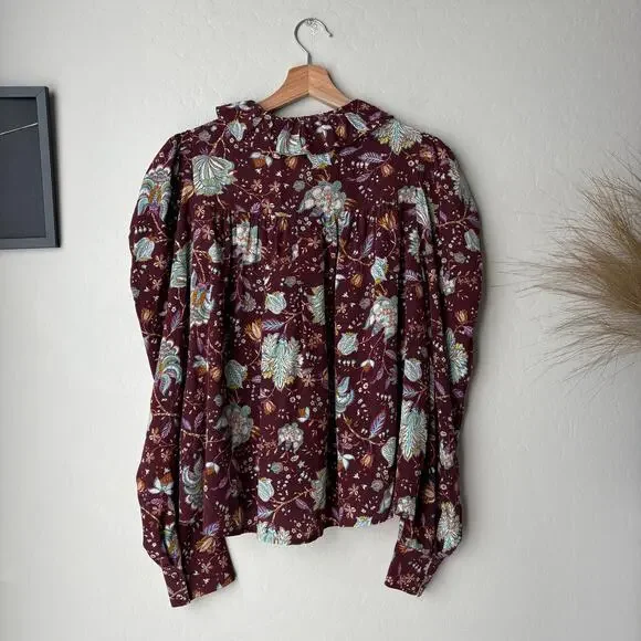 Ulla Johnson Blouse Dara Floral Ruffle Neck Long Puff Sleeve Top Red Size 8 - Picture 7 of 8